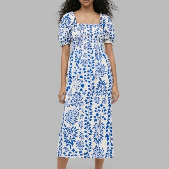 Milkmaid Coquette Girl Puff Sleeve Print Midi Maxi Dress Smockey Stretchy Size M - Picture 1 of 13